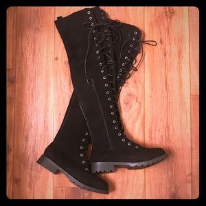 Black lace up over knee boots